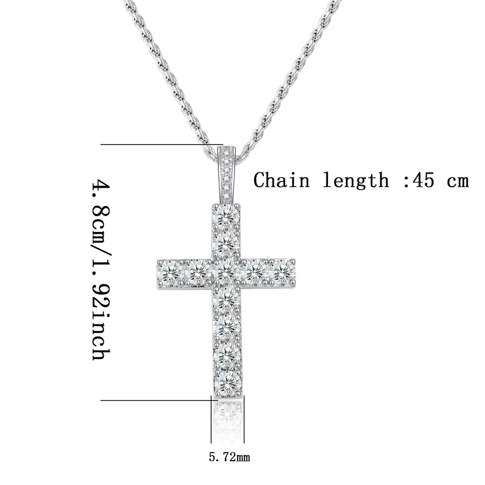 5.5ct Moissanite Cross Necklace | Solid S925 Sterling Silver 1.6mm Rope Chain Necklace for Women/Men