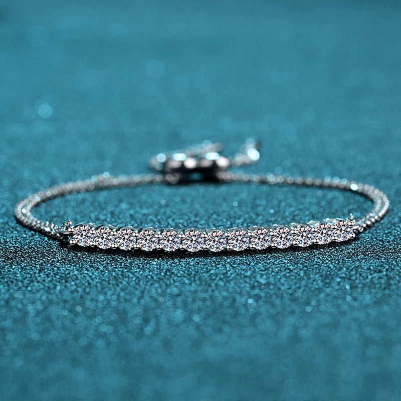 Moissanite Bracelet, 18K White Gold Plated Sterling Silver, D VVS1 Round Cut Lab Diamond Adjustable Chain for Women