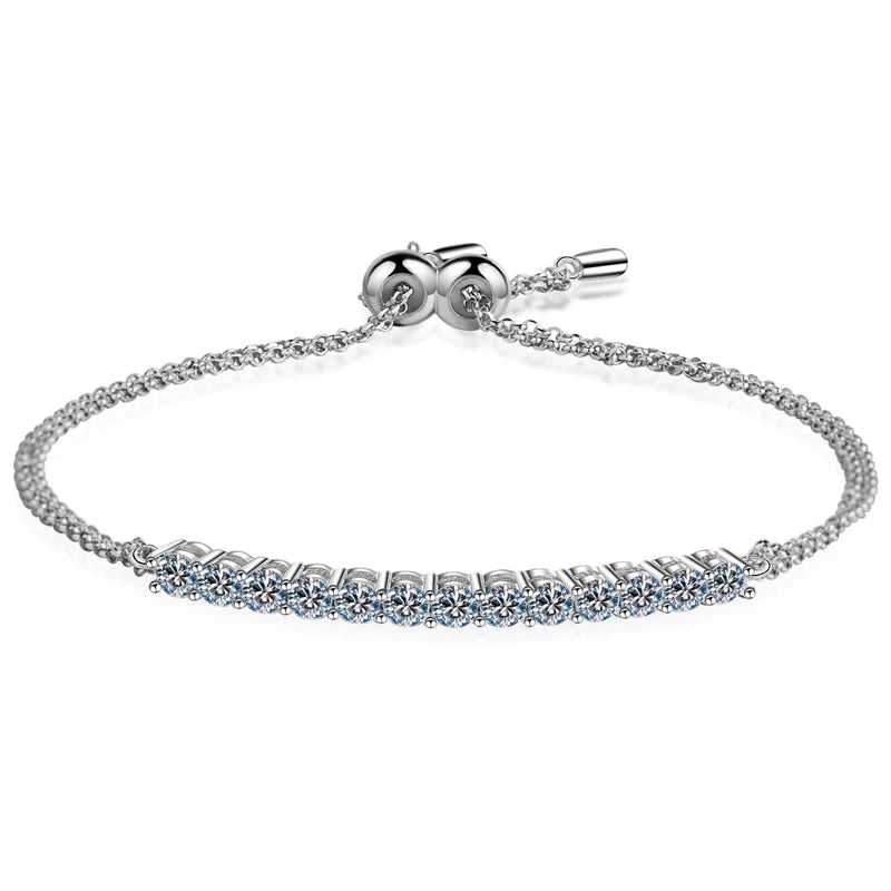 Moissanite Bracelet, 18K White Gold Plated Sterling Silver, D VVS1 Round Cut Lab Diamond Adjustable Chain for Women
