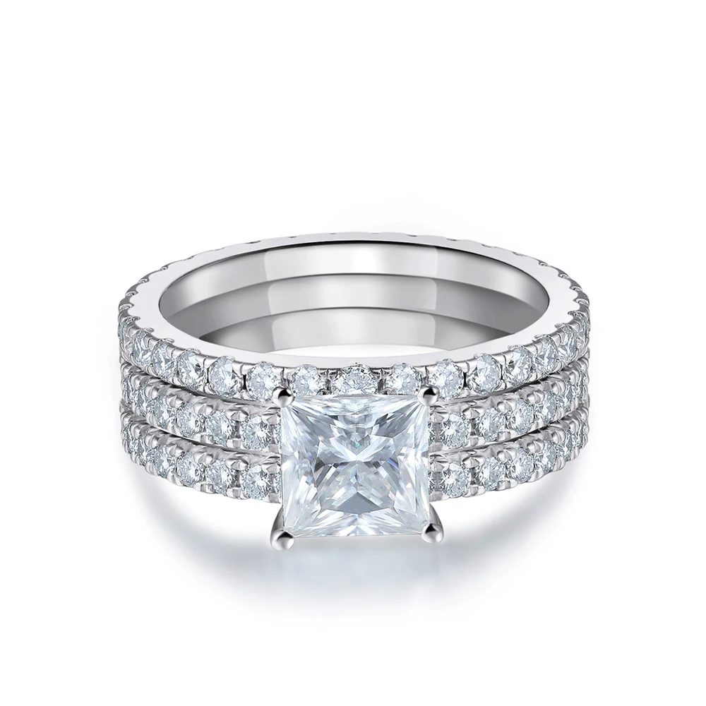 4.6CT Princess Cut All Moissanite Ring, Solid S925 Sterling Silver Engagement Wedding Lab Diamond Band