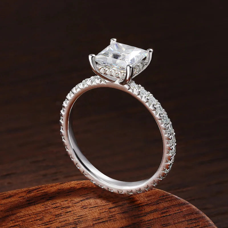 4.6CT Princess Cut All Moissanite Ring, Solid S925 Sterling Silver Engagement Wedding Lab Diamond Band