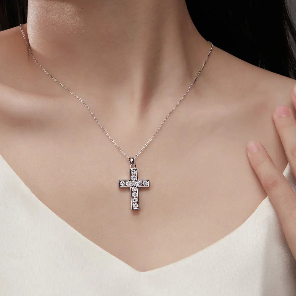3.5mm Moissanite Cross Pendant Necklace, S925 Sterling Sliver Plated, 18k White Gold Fine Necklace for Women