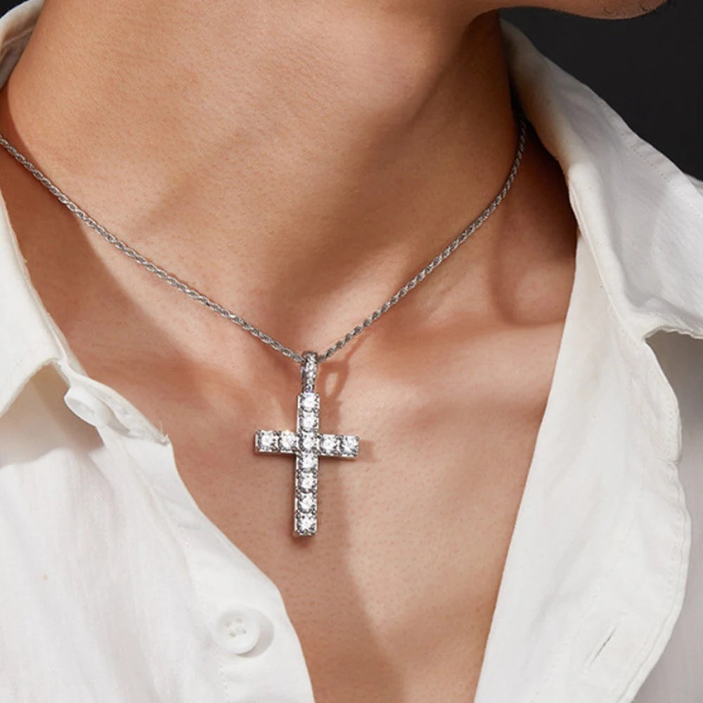 5.5ct Moissanite Cross Necklace | Solid S925 Sterling Silver 1.6mm Rope Chain Necklace for Women/Men