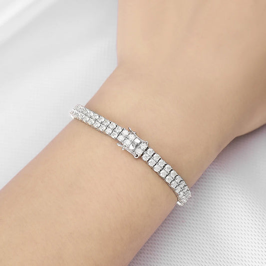 Double Row Moissanite Tennis Bracelet | 3mm White Gold Plated Sterling Silver Bracelet For Women