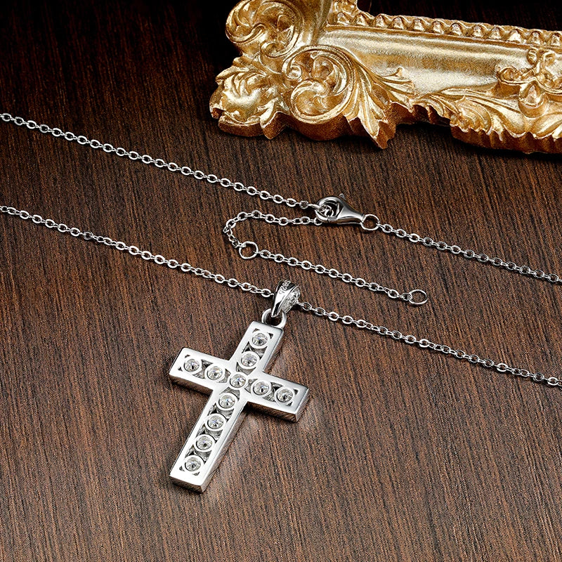 3.5mm Moissanite Cross Pendant Necklace, S925 Sterling Sliver Plated, 18k White Gold Fine Necklace for Women