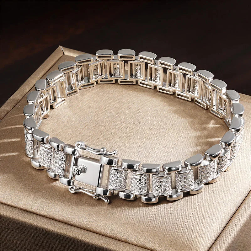 10mm Moissanite Cuban Watch Bracelet | Full Diamond Solid S925 Silver Plated White Gold Tennis Bracelet for Women