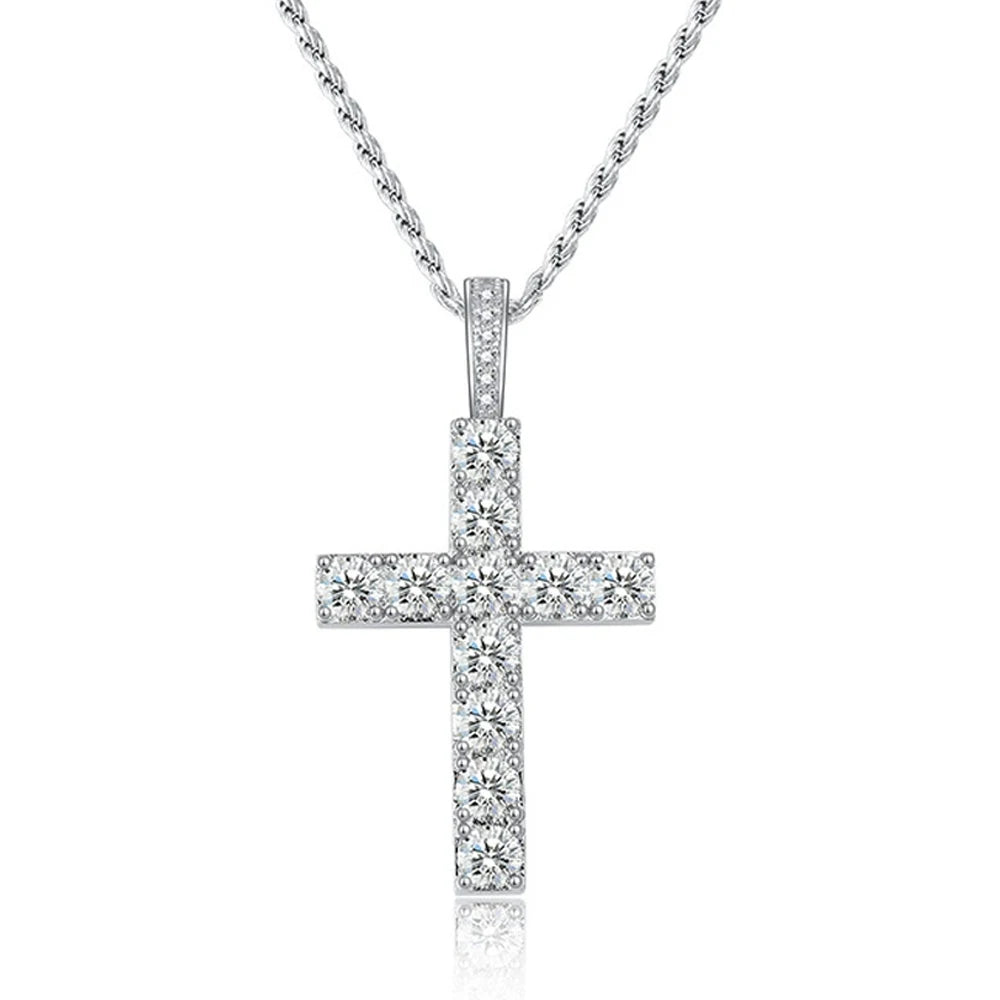 5.5ct Moissanite Cross Necklace | Solid S925 Sterling Silver 1.6mm Rope Chain Necklace for Women/Men