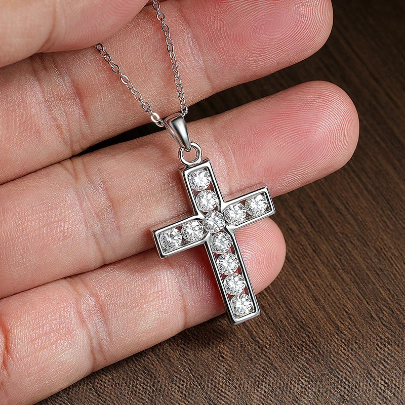 3.5mm Moissanite Cross Pendant Necklace, S925 Sterling Sliver Plated, 18k White Gold Fine Necklace for Women