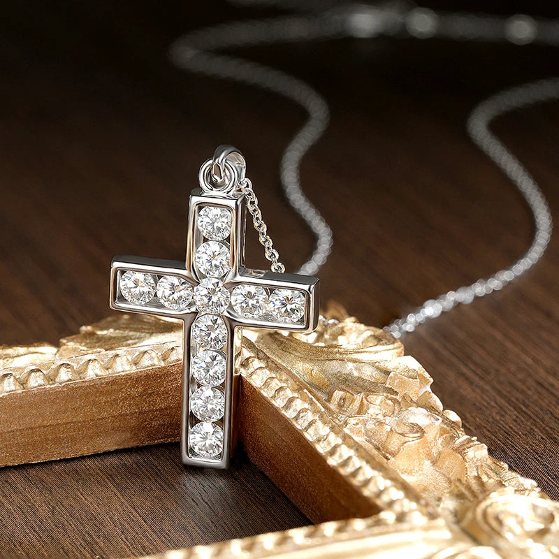3.5mm Moissanite Cross Pendant Necklace, S925 Sterling Sliver Plated, 18k White Gold Fine Necklace for Women