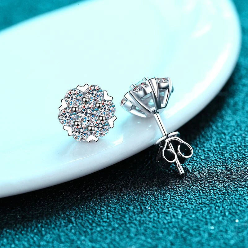 Moissanite Stud Earrings 0.5CT 1CT, White Gold Plated Sterling Silver, D VVS1 Lab Diamond Flower Ear Studs For Women